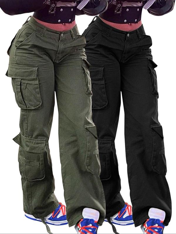 Women's Plain Flap Pocket Cargo Pants, Casual Street Wide Leg Trousers for Daily Wear, Ladies Bottoms for All Seasons