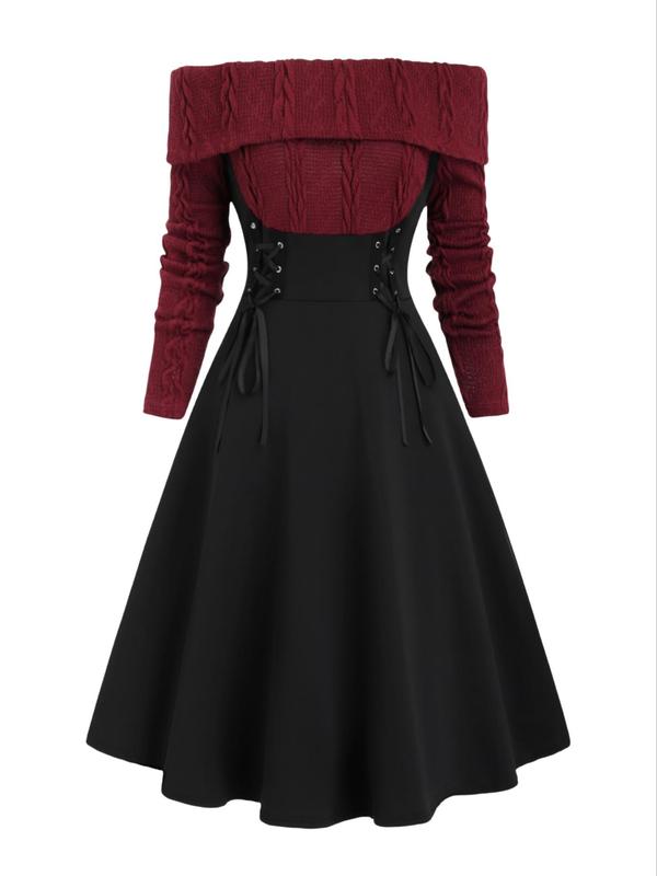 Women's Colorblock Off Shoulder Lace Up Sweater Dress, Elegant Long Sleeve A Line Dress for Party Holiday Wedding Guest, Women's Clothing for Fall & Winter, Birthday Outfit Black Girl
