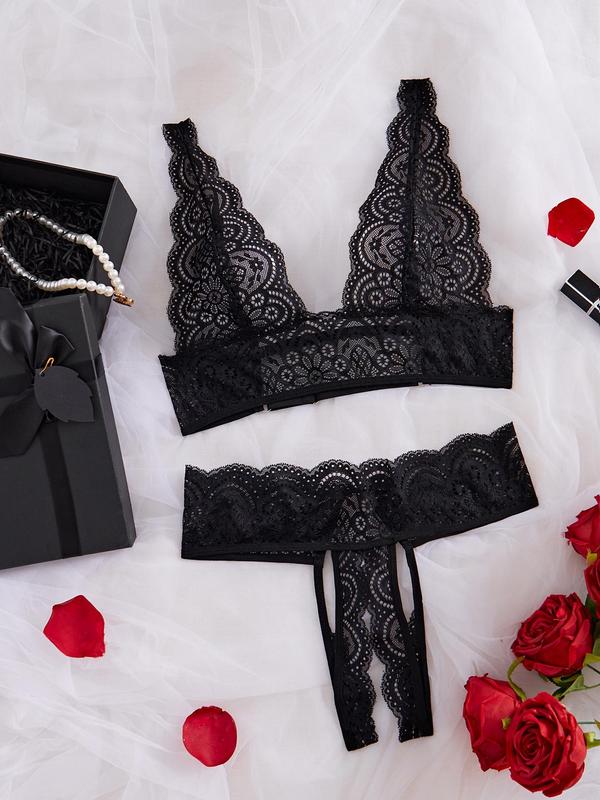 Women's Floral Lace Cut Out Sheer Sexy Lingerie Set, Adjustable Strap Scallop Trim Bra & Crotchless Panty Set, Fashion Romantic Women's Underwear Set for All Seasons