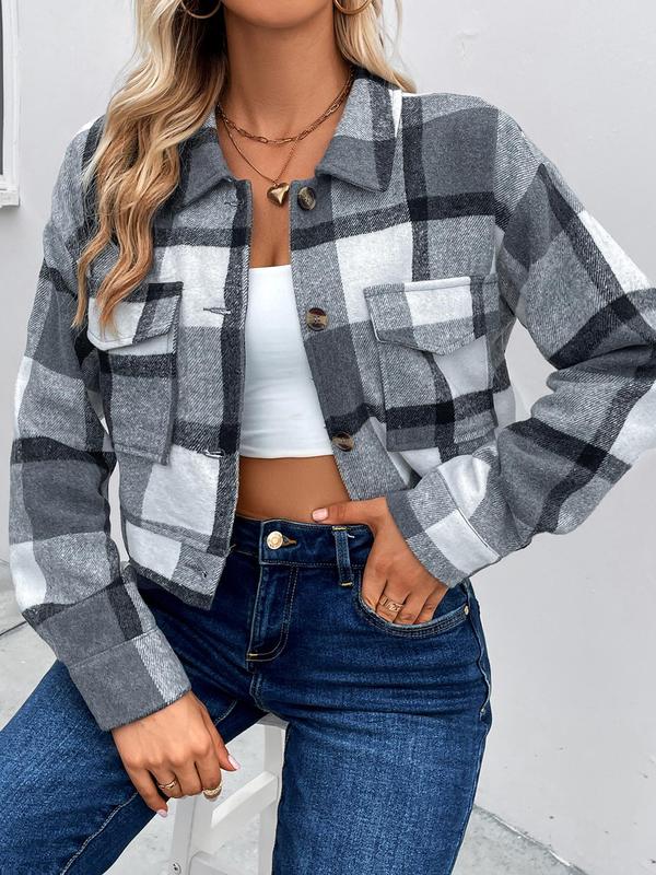 Women's Plaid Print Button Front Drop Shoulder Jacket, Jackets for Women, Casual Flap Pocket Long Sleeve Collared Outerwear for Fall & Winter, Ladies Tops Clothes for Daily Wear