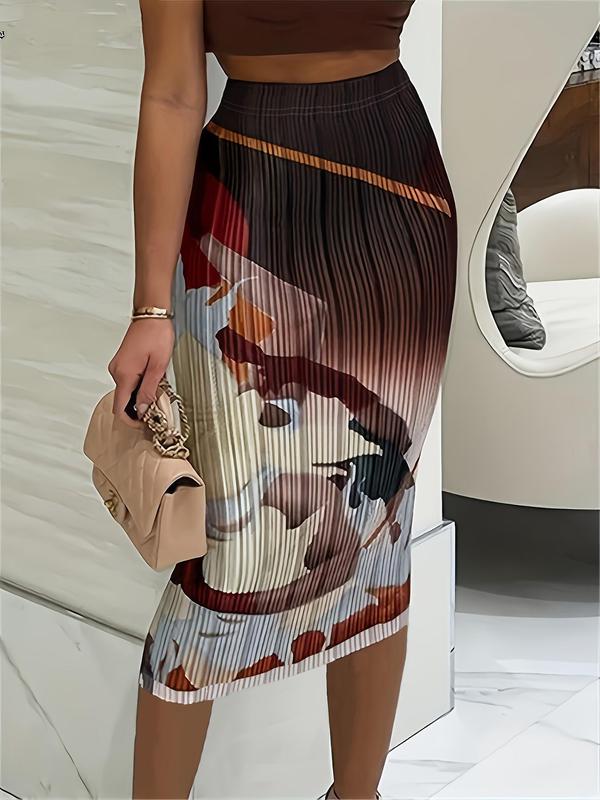 Women's All Over Print High Waist Bodycon Skirt, Casual Elastic Waist Midi Skirt For Daily Wear Beach Holiday Vacation, Ladies Bottoms For All Seasons