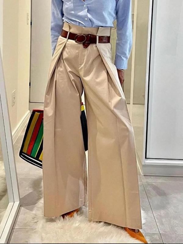 Women's Solid Plicated High Waist Wide Leg Pants, Casual Comfy Trousers for Daily Wear, Ladies Bottoms for Fall & Winter