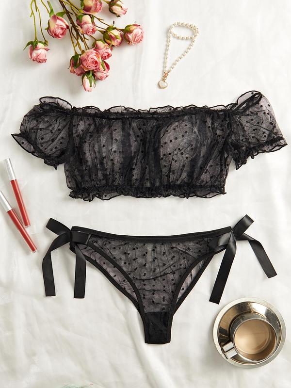 Women's Polka Dot Print Sheer Mesh Sexy Lingerie Set, Romantic Sexy Frill Trim Puff Sleeve Top & Panty for All Seasons, Women's Sexy Lingerie