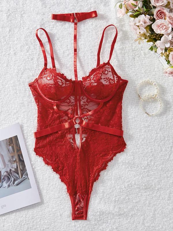 Women's Contrast Lace Backless Lingerie Bodysuit, Sexy Comfy Breathable Choker Design Lingerie Bodysuit for Daily Wear, Women's Lingerie for All Seasons