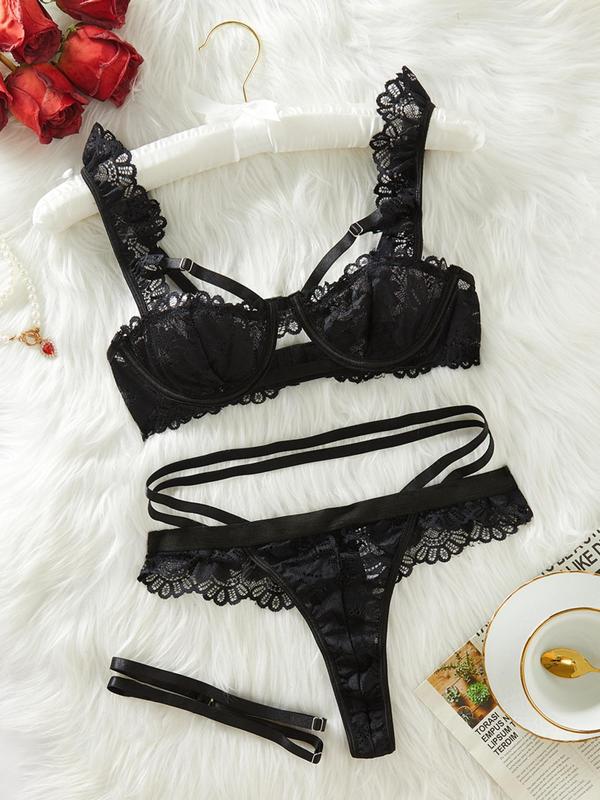 Women's 4pack set Sexy Solid Lace Underwire Garter Lingerie Set, Adjustable Strap Lingerie Set & 1 Pair Leg Ring, Women's Lingerie for All Seasons