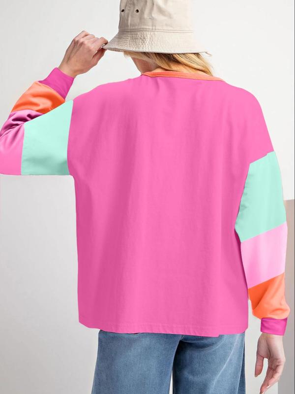 Women's Patchwork Print Contrast Binding Drop Shoulder Tee, Casual Long Sleeve Round Neck T-shirt for Fall & Winter, Women's Top for Daily Wear