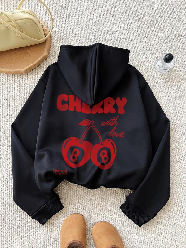 Women's Cherry & Letter Print Drop Shoulder Hoodie, Fashion Casual Drawstring Pocket Hooded Sweatshirt for Daily Holiday Outdoor Wear, Women Clothing for Fall & Winter