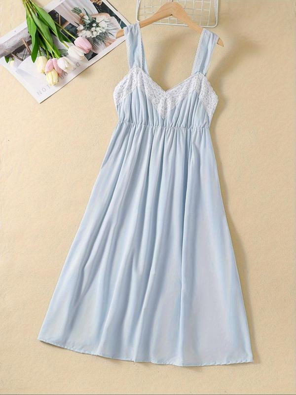 Women's Contrast Lace Ruched Backless Cami Nightdress, Elegant Scallop Trim Sleeveless Nightgown, Summer Sleepwear for Ladies