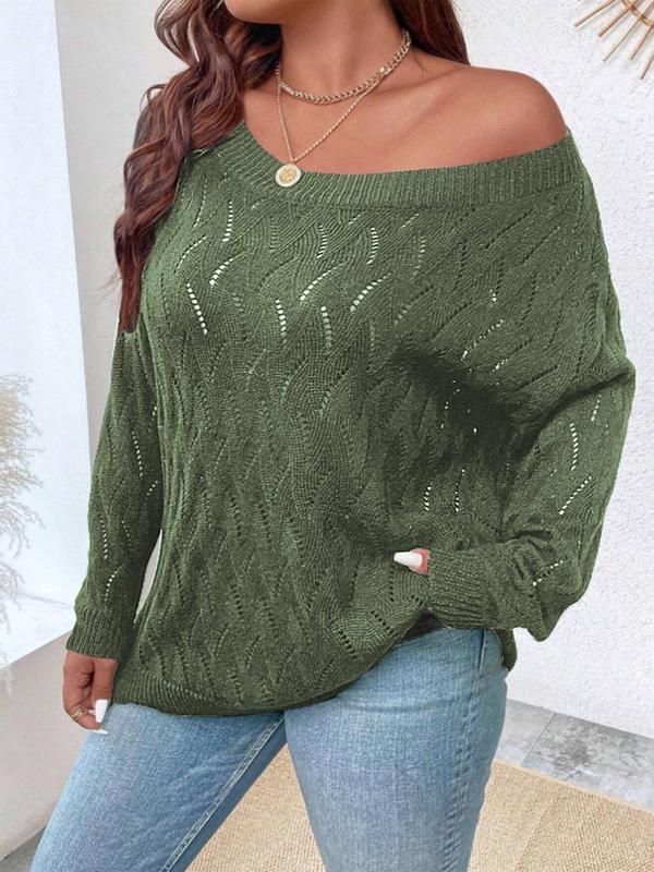 Plus Size Solid Hollow Out Drop Shoulder Sweater,  Designer Clothing, Casual Long Sleeve Scoop Neck Jumper for Spring & Fall, Women's Plus Clothing for Daily Wear