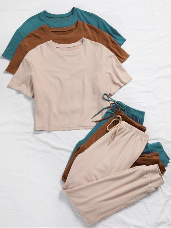 Women's Solid Pants Set, Casual Short Sleeve T-Shirt & Tie Front Pants, Fall Outfits 2024, Back To School Outfits, Co ord Set, Summer Clothes for Daily Wear, Summer Outfits 2024, Downtown Girl Clothes