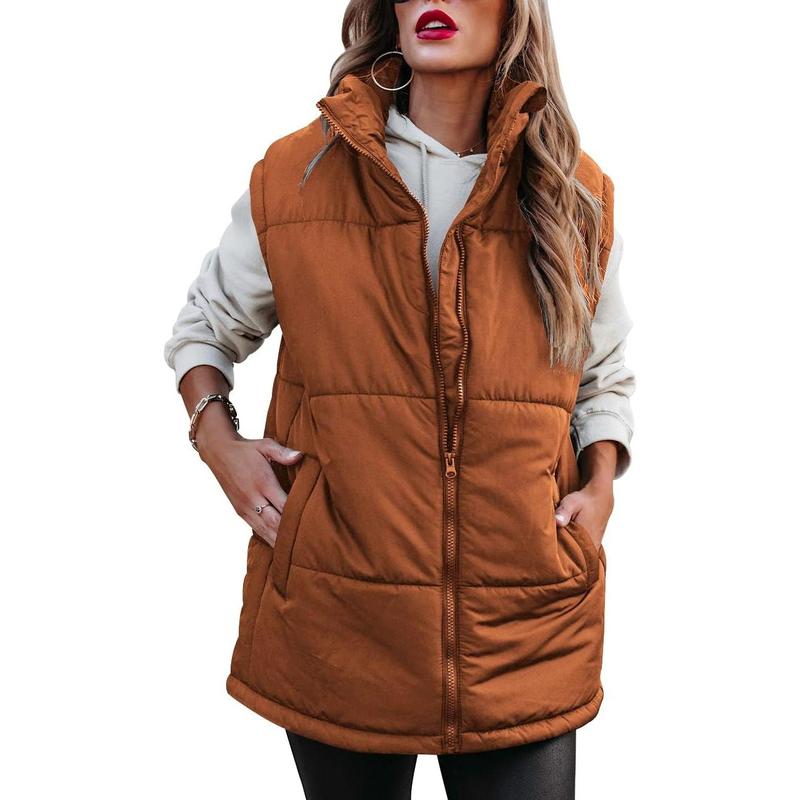 Fisoew Womens Sleeveless Puffer Vest Winter Zip Up Stand Collar Padded Coat Outerwear Vests with Pockets