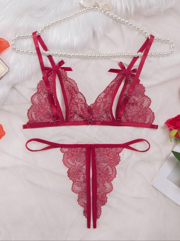 Women's Floral Lace Bow Front Sexy Lingerie Set, Fashion Cut Out Bra & Sheer Thong Set, Soft Comfy Breathable Sexy Two-piece Lingerie Set for Women