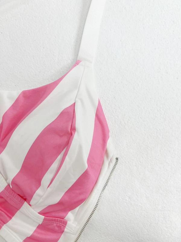  Striped Print Zipper Front Wireless Bra, Casual Adjustable Strap Removable Padded Bralette, Women's Lingerie for All Seasons