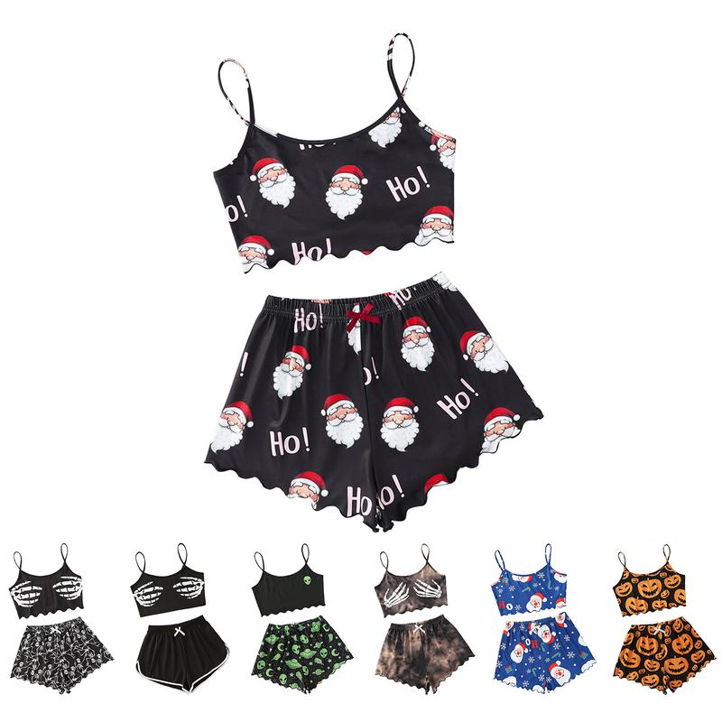 Women's Pajama Set with Spaghetti Strap Top and Shorts Plus Size Christmas Santa Print Sleeveless Sleepwear PJ Set Loungewear