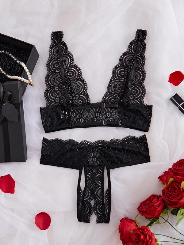 Women's Floral Lace Cut Out Sheer Sexy Lingerie Set, Adjustable Strap Scallop Trim Bra & Crotchless Panty Set, Fashion Romantic Women's Underwear Set for All Seasons