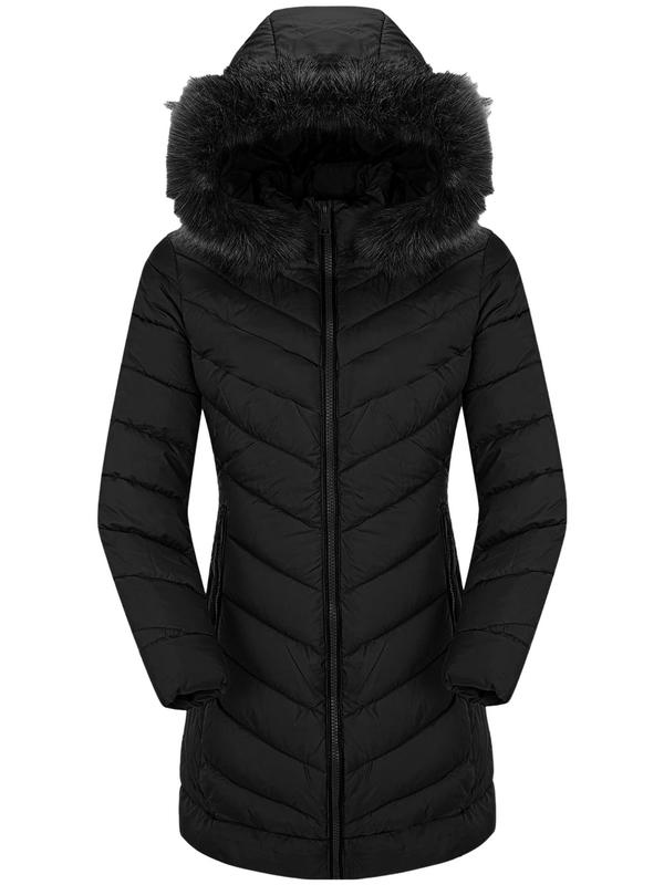 Women's Solid Color Contrast Faux Fur Hooded Quilted Jacket, Casual Long Sleeve Zip Up Quilted Outerwear for Fall & Winter, Women's Clothing for Daily Wear