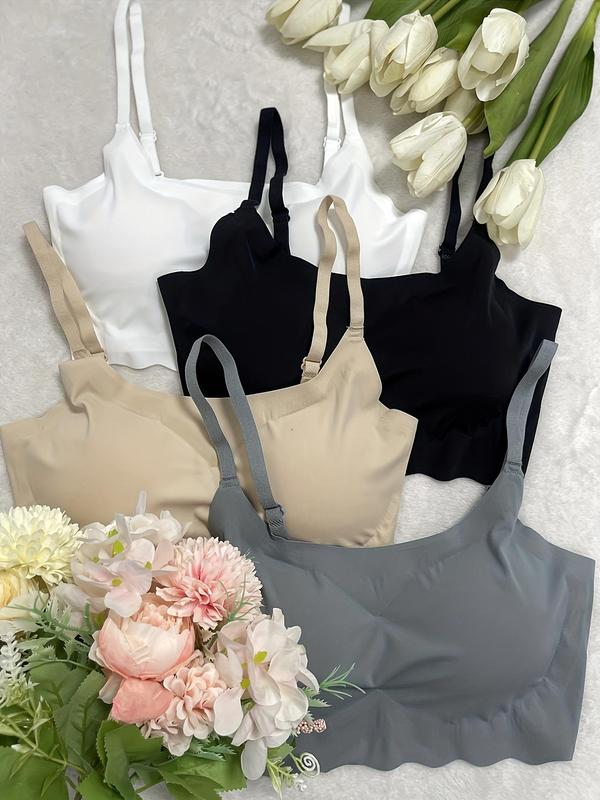 Women's Solid Scallop Trim Wireless Bra, Adjustable Strap Push Up Bralette, Bras for Women, Soft Comfy Lingerie for Women