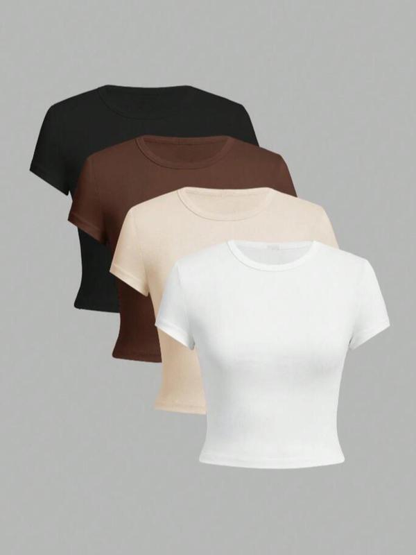 Women's Solid Round Neck Crop Tee, Casual Short Sleeve Crew Neck T-shirt for Daily Wear, Summer Outfits 2024, Back To School Clothes, Ladies Clothes, Going out Tops 2000s