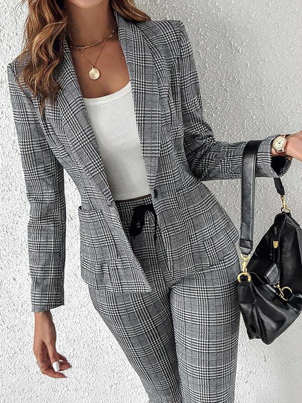 Women's Plaid Print Button Front Blazer & Pants Two-piece Set, Long Sleeve Pocket Outerwear & Drawstring Trousers, Women's Clothing for Work Office Business