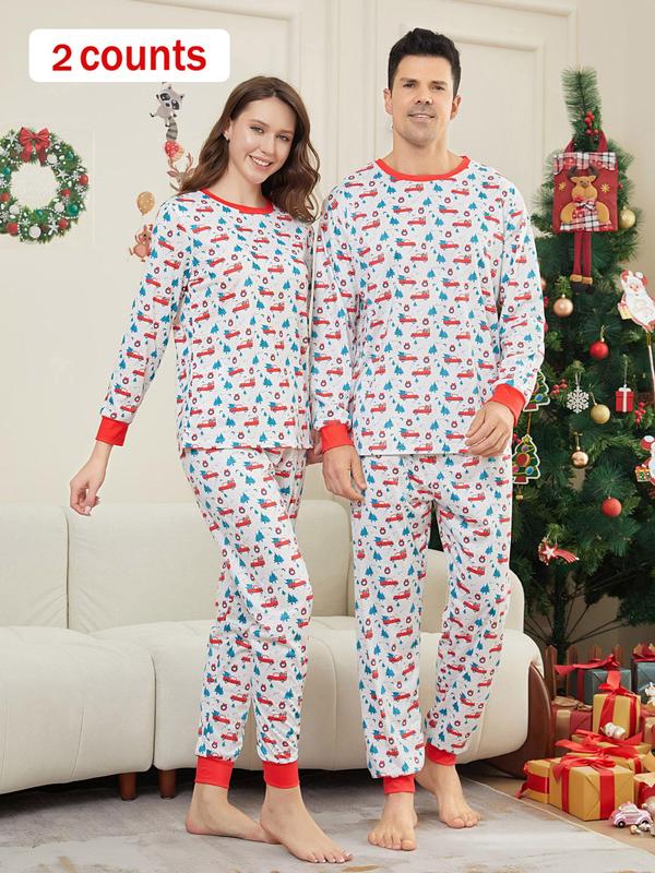 Two-Piece Set Couple's Christmas Print Long Sleeve Sleep Tee & Elastic Waist Pants Pajama Set, Casual Comfy Round Neck Pajama Top & Trousers Homewear Set, Couple's Sleepwear for Spring & Fall