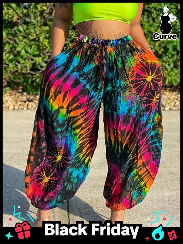  Tie Dye Drawstring Waist Jogger Pants, Summer Clothes, Boho Pocket Elastic Waist Trousers, Women's Back To School Bottoms for Daily Wear, Summer Outfits 2024, Women's Clothing