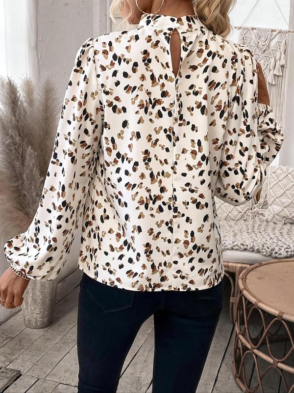 Women's All Over Print Plicated Blouse, Elegant Keyhole Back Bishop Sleeve Top for Spring & Fall, Ladies Clothes for Work Office Business