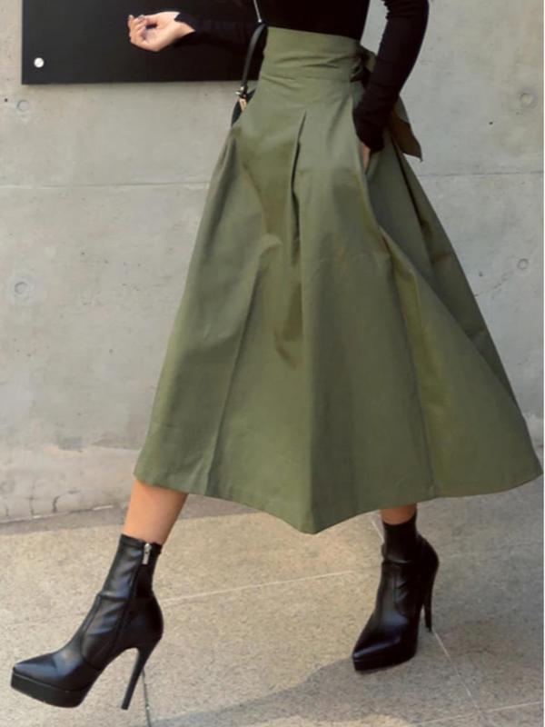 Women's Plain Plicated Knot Flared Skirt, Elegant Pocket High Waist Long Skirt for Spring & Fall, Ladies Bottoms for Daily Wear