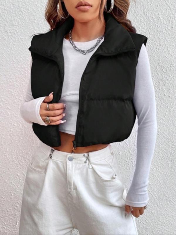 Women's Solid Zip Up Funnel Neck Vest Coat, Casual Fashion Warm Sleeveless Outerwear for Daily Outdoor Wear, Women Clothing for Fall & Winter