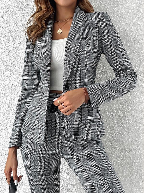 Women's Plaid Print Button Front Blazer & Pants Two-piece Set, Long Sleeve Pocket Outerwear & Drawstring Trousers, Women's Clothing for Work Office Business