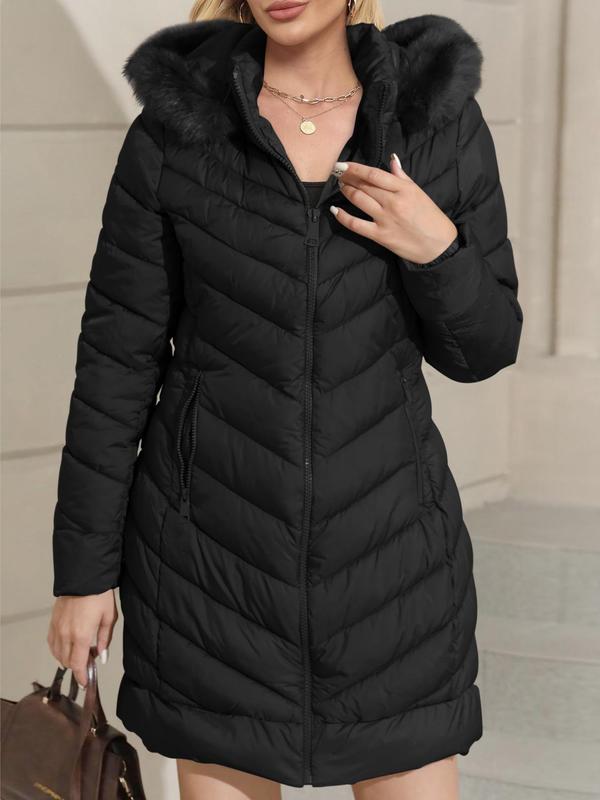 Women's Solid Color Contrast Faux Fur Hooded Quilted Jacket, Casual Long Sleeve Zip Up Quilted Outerwear for Fall & Winter, Women's Clothing for Daily Wear