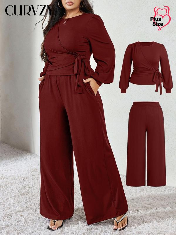 Black Friday Deals CURVZY Plus Size Two-piece Set Solid Ruched Tie Front Blouse & Wide Leg Pants Set, Elegant Bishop Sleeve Top & High Waist Trousers for Daily Wear, Women's Two-piece Outfits,Christmas 2024 Trend,Thanksgiving Outfits,Winter Outfits
