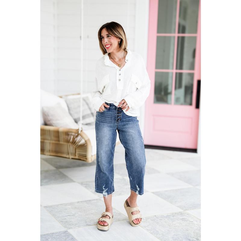 Judy Blue High Rise Medium Wash Button Fly Distressed Wide Leg Cropped Jeans