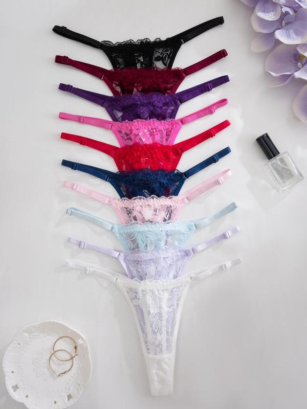 Women's Floral Lace Drop Waist Thong, Soft Comfy Breathable Adjustable Strap Panty for Daily Wear, Ladies Underwear for All Seasons