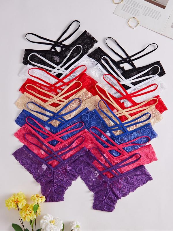 Women's Solid Color Criss Cross Lace Thong, Breathable Comfortable Panty for Daily Wear, Women's Underwear for All Seasons
