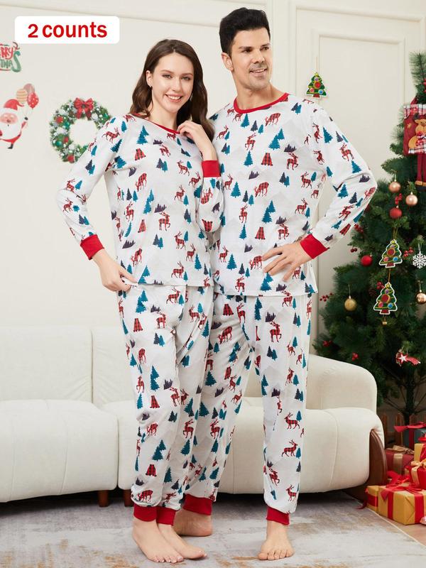 Two-Piece Set Couple's Christmas Print Long Sleeve Sleep Tee & Elastic Waist Pants Pajama Set, Casual Comfy Round Neck Pajama Top & Trousers Homewear Set, Couple's Sleepwear for Spring & Fall