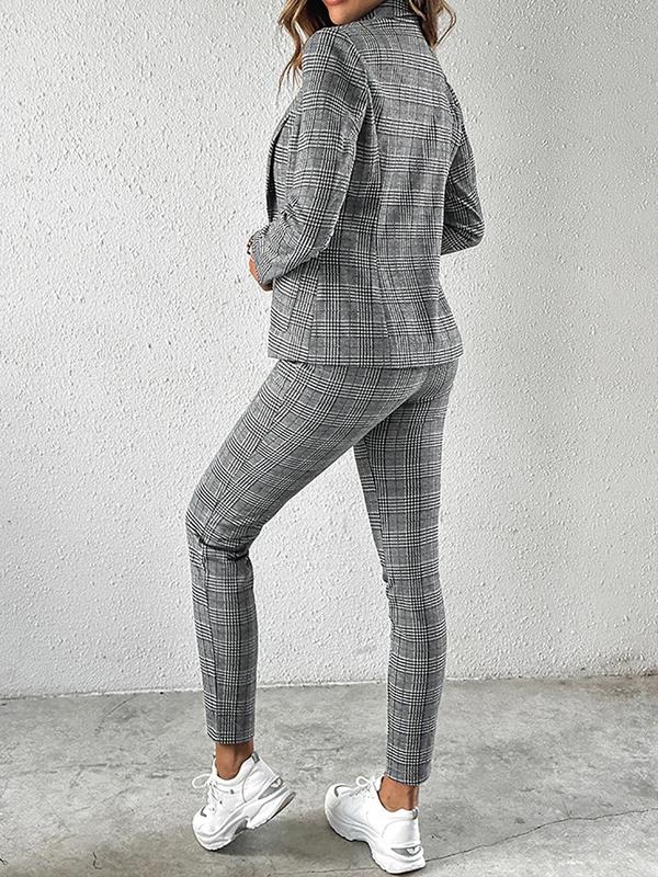 Women's Plaid Print Button Front Blazer & Pants Two-piece Set, Long Sleeve Pocket Outerwear & Drawstring Trousers, Women's Clothing for Work Office Business