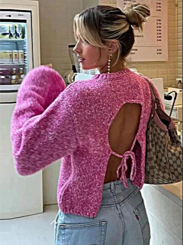 Fall Women's Cut Out Backless Lantern Sleeve Sweater, Fall Clothes, Fashion Casual Drop Shoulder Tie Back Jumper for Daily Outdoor Wear, Ladies Knit Top for Spring & Fall, Comfort Knitwear for Lady, Sweaters for Women, Fall Outfits, Fallfreshness Clothes