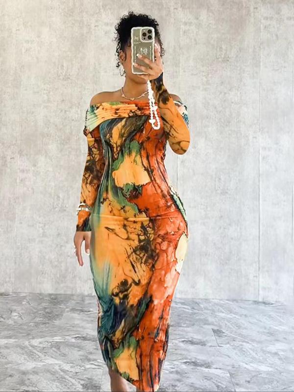 Women's Marble Print Ruched Off Shoulder Bodycon Dress, Elegant Long Sleeve Long Dress for Party Holiday Wedding Guest, Ladies Summer Clothes