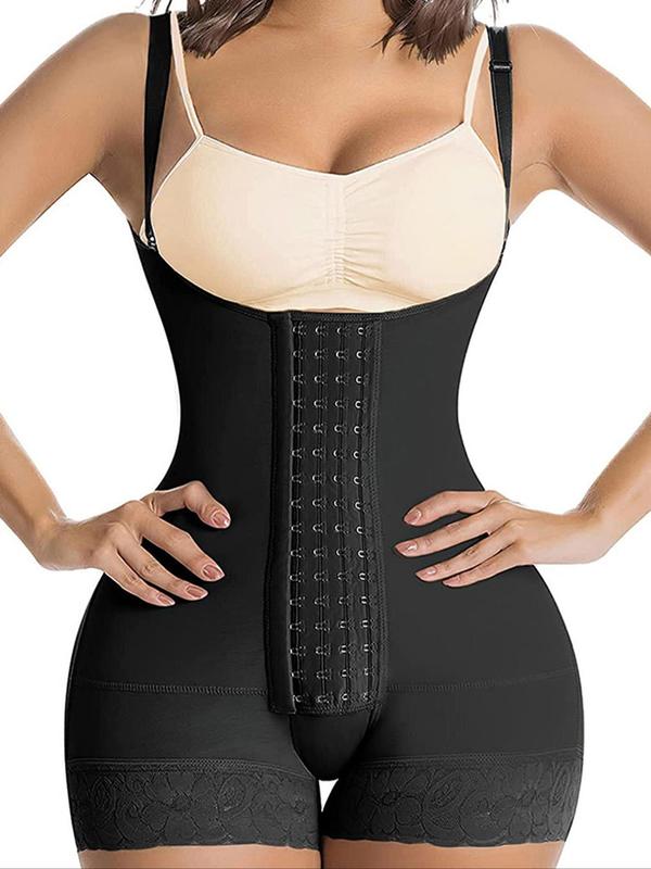 Women's Sexy Open Bust Contrast Lace Adjustable Hook & Eye Closure Front Shapewear Romper, Casual Adjustable Strap Tummy Control Butt Lifter Shaper, Women's Shapewear for Daily Wear