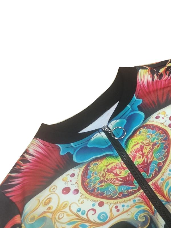 Women's  Skull Print Zip Up Jacket, Fashion Casual Long Sleeve Mock Neck Outerwear for Daily Outdoor Wear, Ladies Clothes for All Seasons
