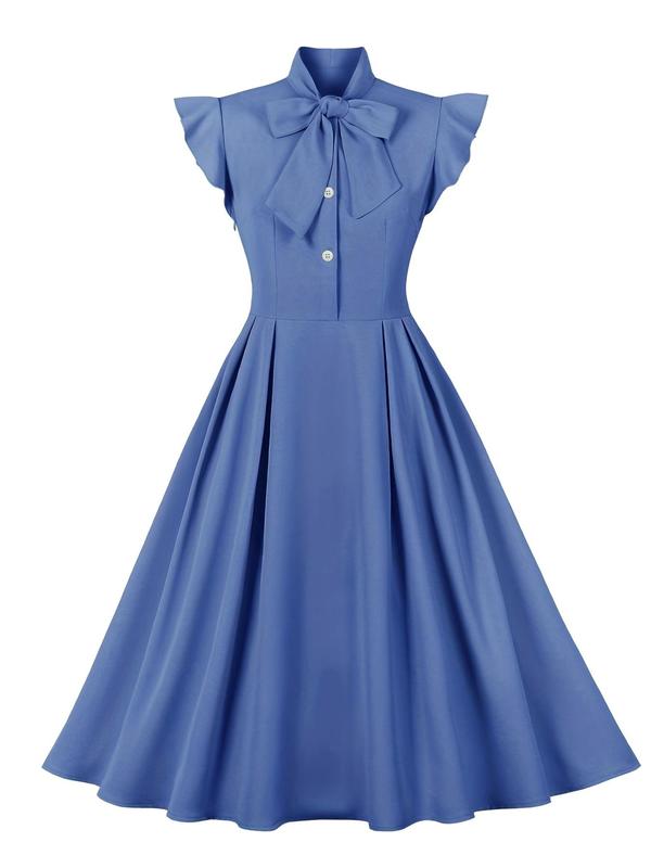 Women's Plain Pleated Butterfly Sleeve Ruffle Trim  Dress, Elegant Tie Neck Cap Sleeve Long Dress for Party Holiday Wedding Guest, Ladies Clothes for All Seasons
