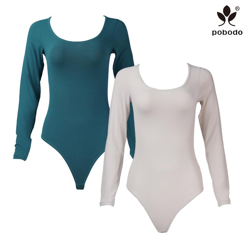 Pobodo Autumn and winter Two-piece cost-effective women's solid color square neck long sleeve shapewear bodysuit, casual and comfortable tummy control shapewear for daily wear women's shapewear