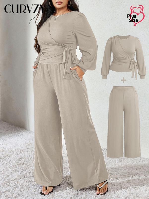 Black Friday Deals CURVZY Plus Size Two-piece Set Solid Ruched Tie Front Blouse & Wide Leg Pants Set, Elegant Bishop Sleeve Top & High Waist Trousers for Daily Wear, Women's Two-piece Outfits,Christmas 2024 Trend,Thanksgiving Outfits,Winter Outfits