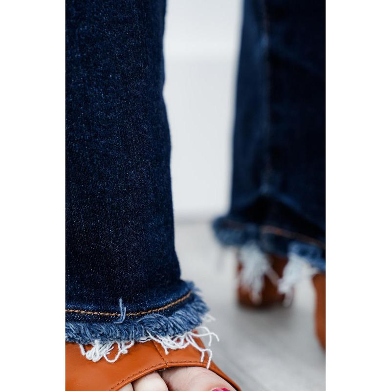 Judy Blue Mid Rise Dark Wash Straight Leg Jeans with Frayed Hem