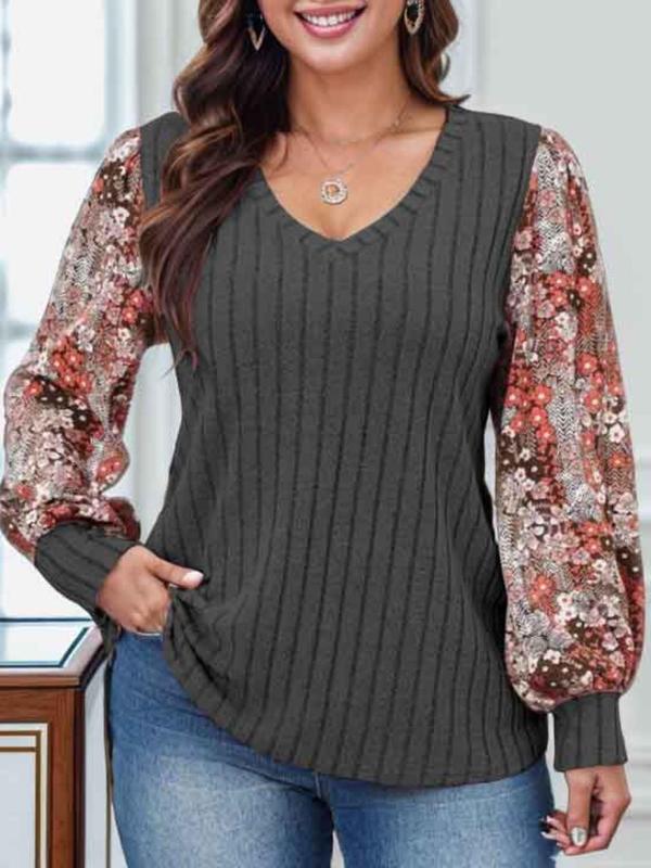  Floral Patchwork Print V Neck Top, Casual Bishop Sleeve Top for Daily Wear, Women's Clothing for All Seasons