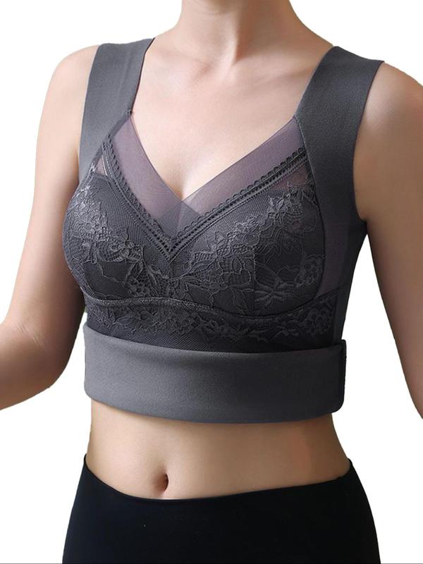 Women's Solid Contrast Lace Thermal Underwear Top, Casual Comfy Warm V Neck Sleeveless Top for Fall & Winter, Women's Thermal Underwear for Daily Wear