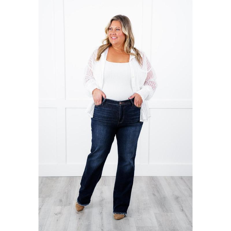 Judy Blue Mid Rise Dark Wash Straight Leg Jeans with Frayed Hem