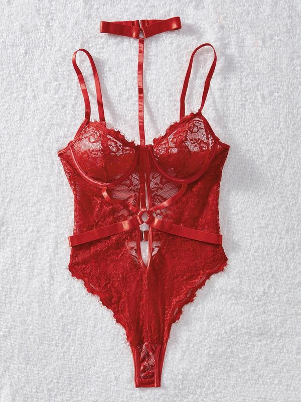 Women's Contrast Lace Backless Lingerie Bodysuit, Sexy Comfy Breathable Choker Design Lingerie Bodysuit for Daily Wear, Women's Lingerie for All Seasons