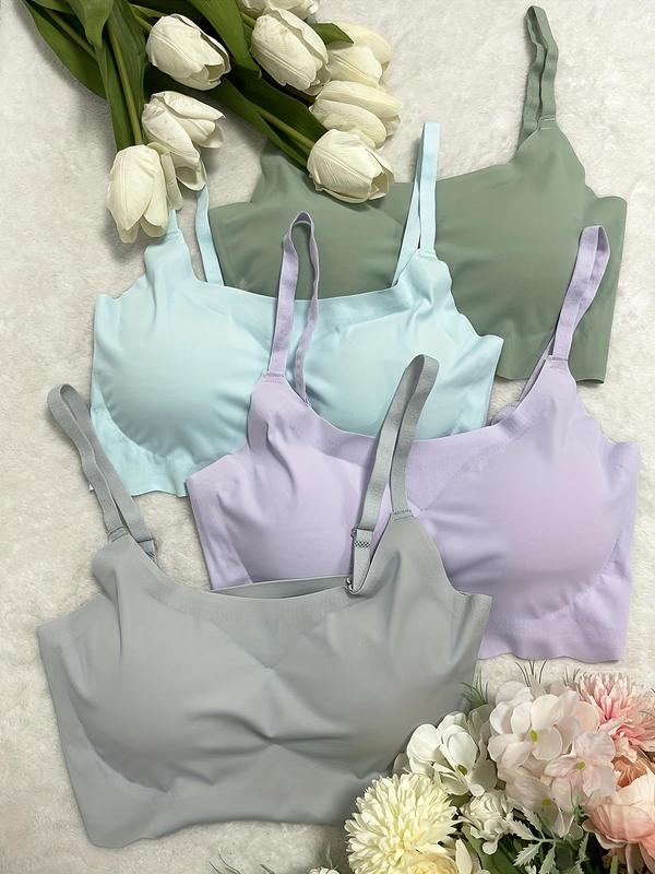 Women's Solid Scallop Trim Wireless Bra, Adjustable Strap Push Up Bralette, Bras for Women, Soft Comfy Lingerie for Women