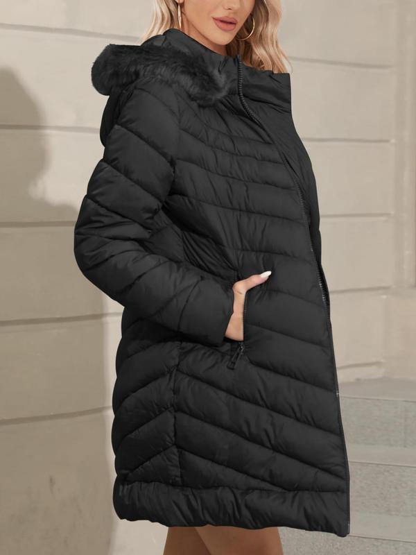 Women's Solid Color Contrast Faux Fur Hooded Quilted Jacket, Casual Long Sleeve Zip Up Quilted Outerwear for Fall & Winter, Women's Clothing for Daily Wear